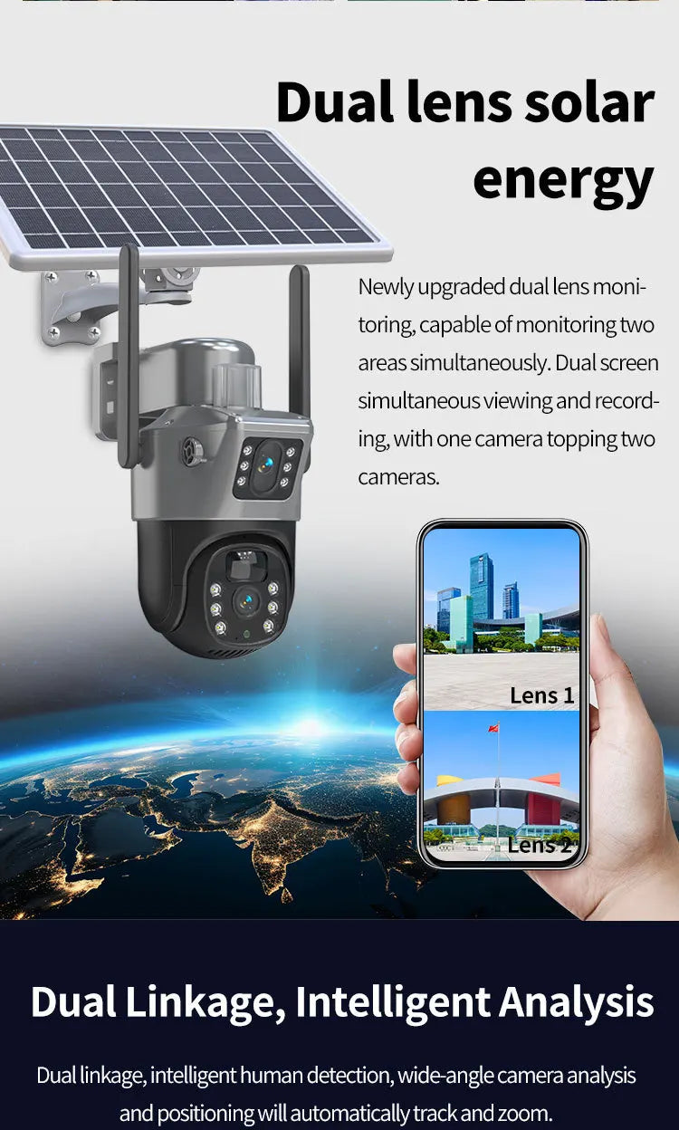 CAMARA WIFI PARA EXTERIOR DOBLE LENTE CON PANEL SOLAR