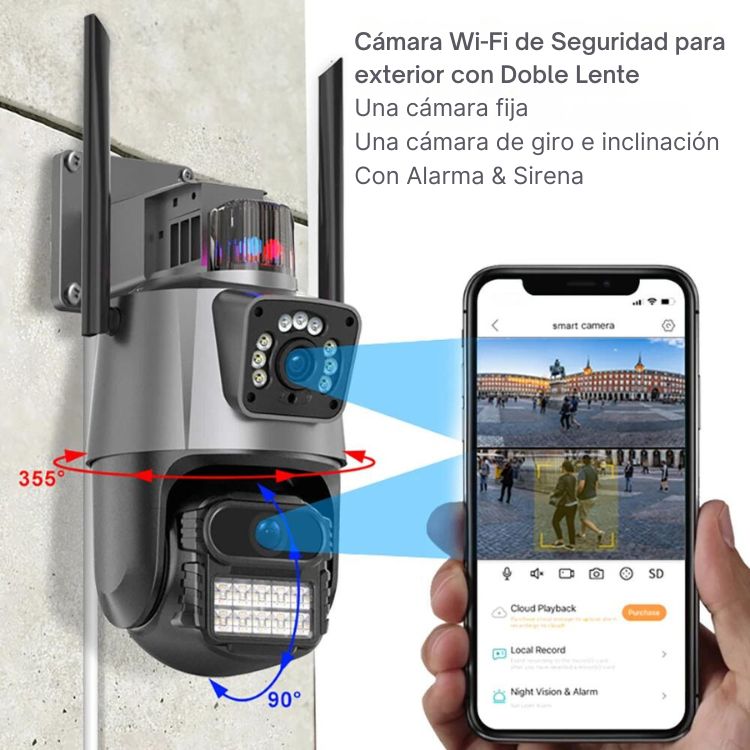 CAMARA WIFI PARA EXTERIOR DOBLE LENTE 4K CON ALARMA Y SIRENA