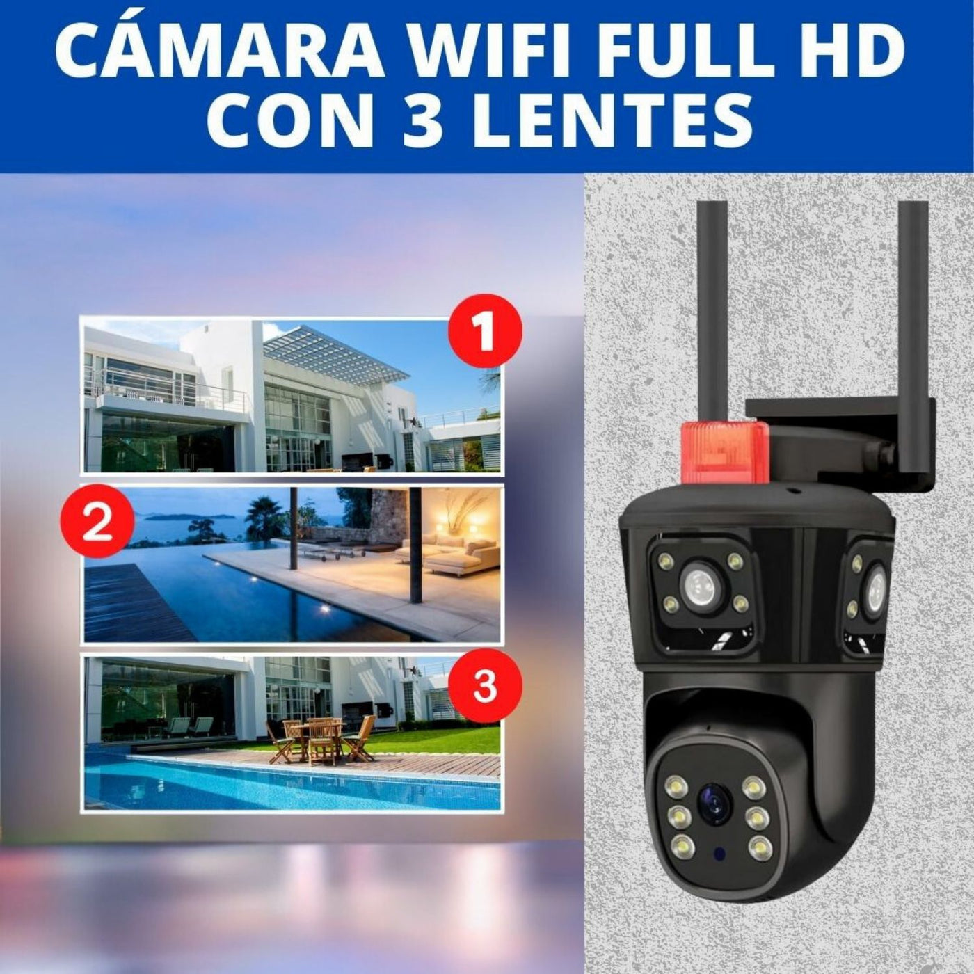 CAMARA WIFI PARA EXTERIOR TRIPLE LENTE 12 MP CON ALARMA Y SIRENA
