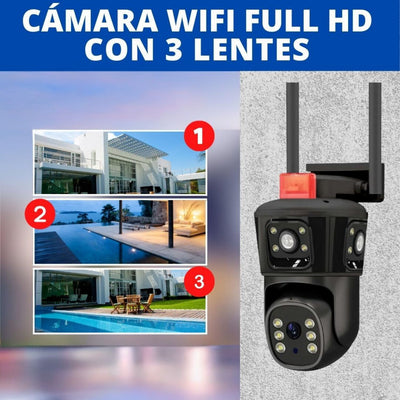 CAMARA WIFI PARA EXTERIOR TRIPLE LENTE 12 MP CON ALARMA Y SIRENA