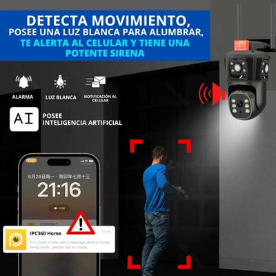 CAMARA WIFI PARA EXTERIOR TRIPLE LENTE 12 MP CON ALARMA Y SIRENA