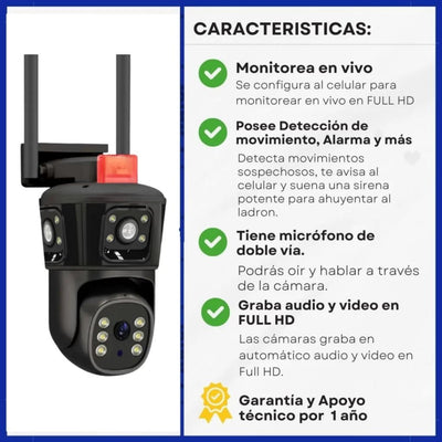 CAMARA WIFI PARA EXTERIOR TRIPLE LENTE 12 MP CON ALARMA Y SIRENA