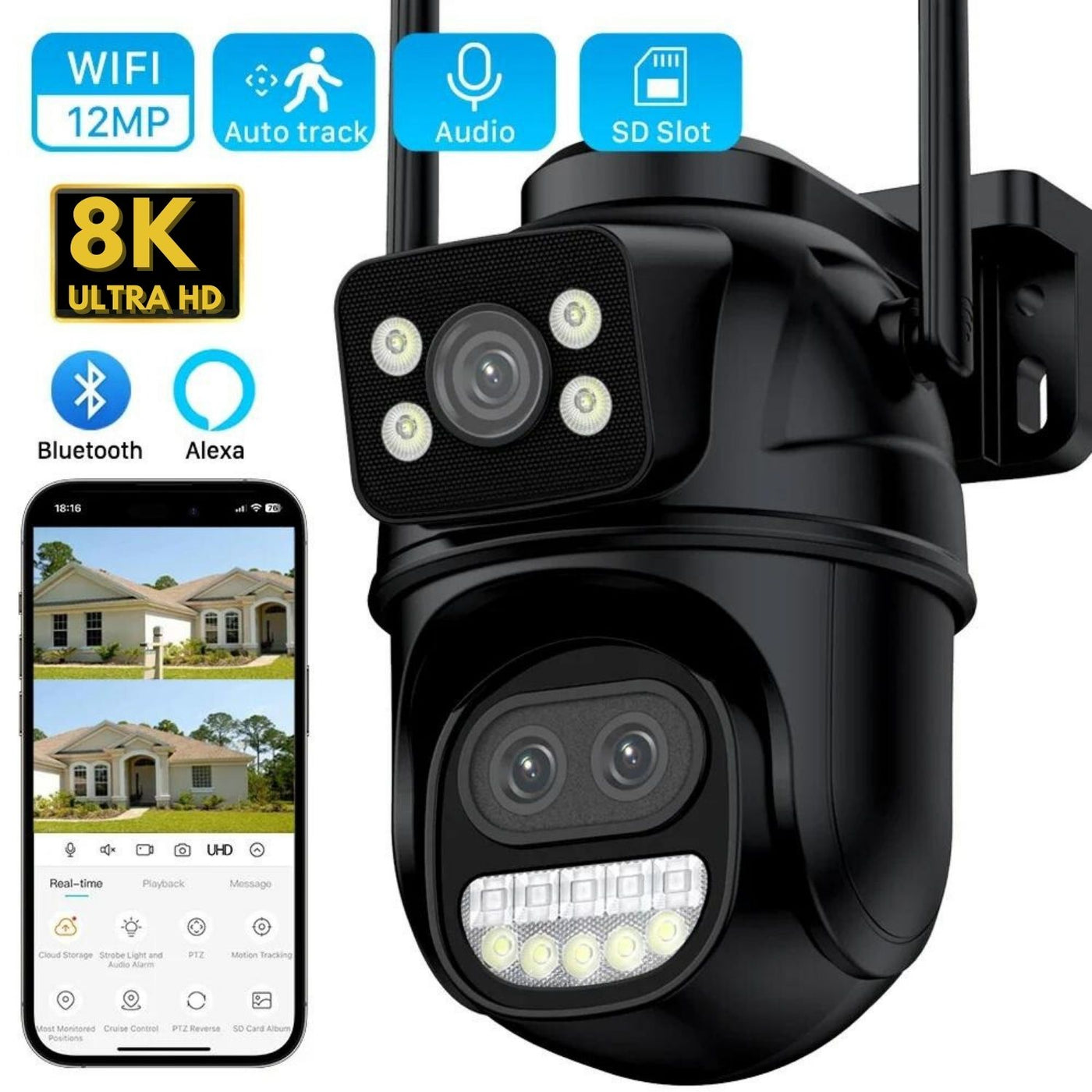 CAMARA WIFI PARA EXTERIOR DOBLE LENTE ZOOM OPTICO Y ALARMA 5K ICSEE