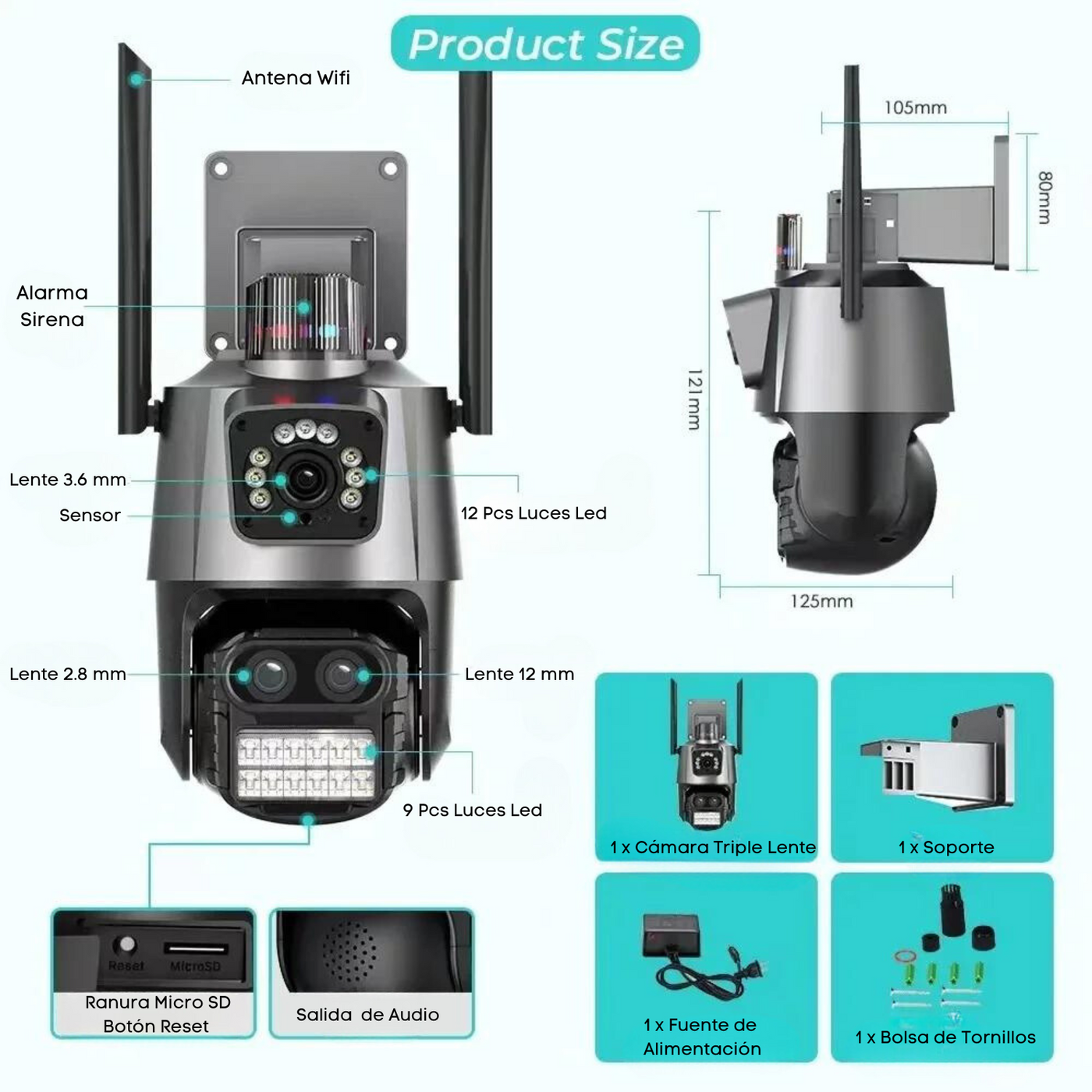 CAMARA WIFI PARA EXTERIOR DOBLE LENTE ZOOM OPTICO CON ALARMA Y SIRENA