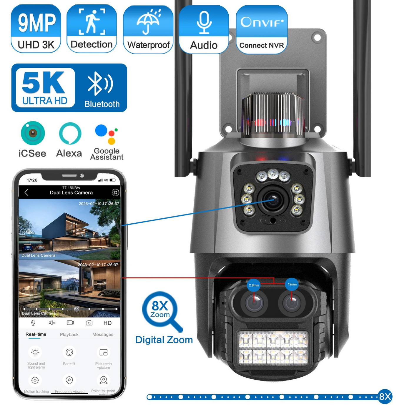 CAMARA WIFI PARA EXTERIOR DOBLE LENTE ZOOM OPTICO CON ALARMA Y SIRENA