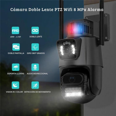 CAMARA WIFI PARA EXTERIOR DOBLE LENTE 4K CON ALARMA Y SIRENA