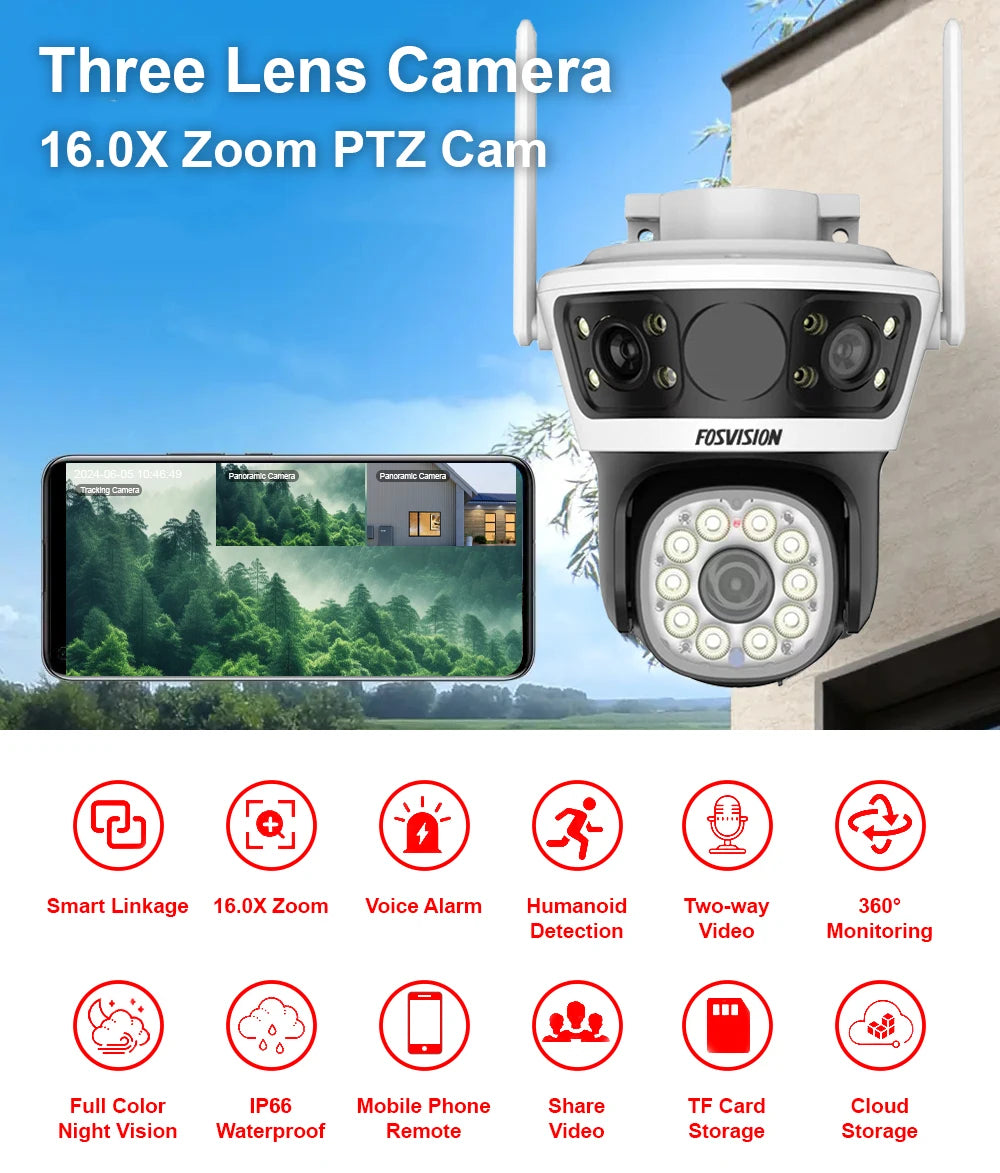 CAMARA WIFI PARA EXTERIOR TRIPLE LENTE CON ALARMA