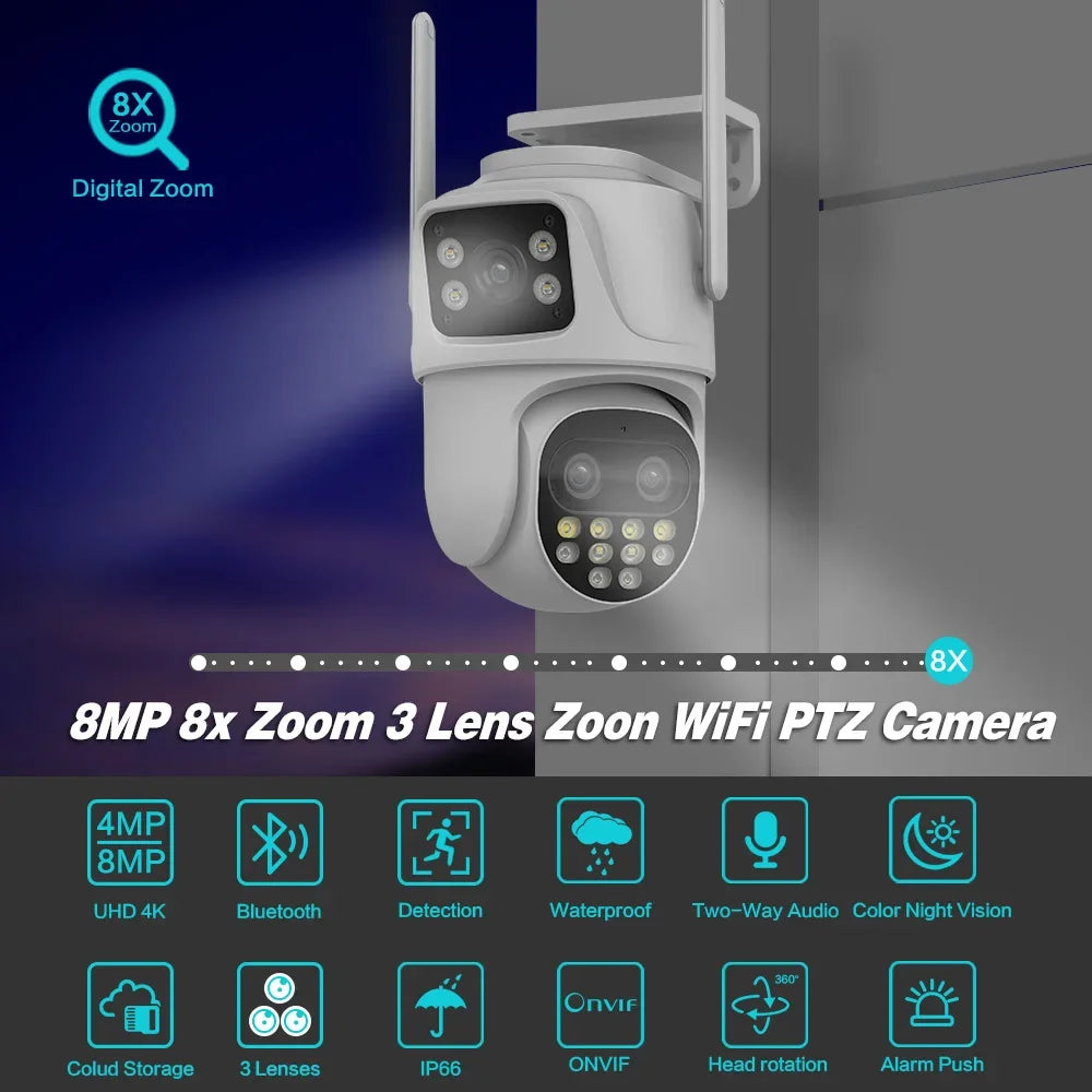 CAMARA WIFI PARA EXTERIOR DOBLE LENTE ZOOM OPTICO 3K ICSEE