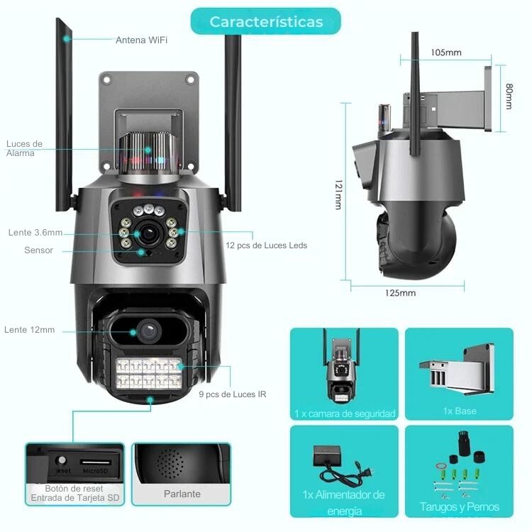 CAMARA WIFI PARA EXTERIOR DOBLE LENTE 4K CON ALARMA Y SIRENA