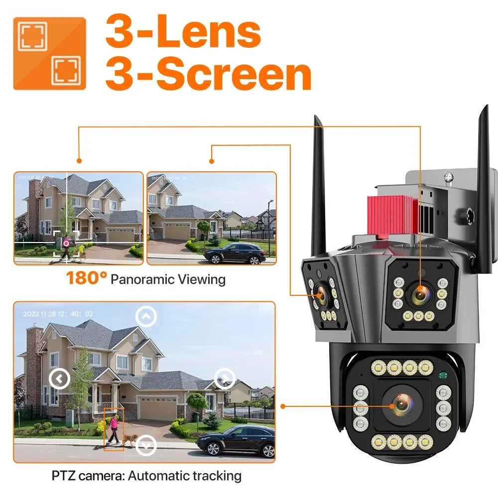 CAMARA WIFI PARA EXTERIOR TRIPLE LENTE 12 MP CON ALARMA Y SIRENA