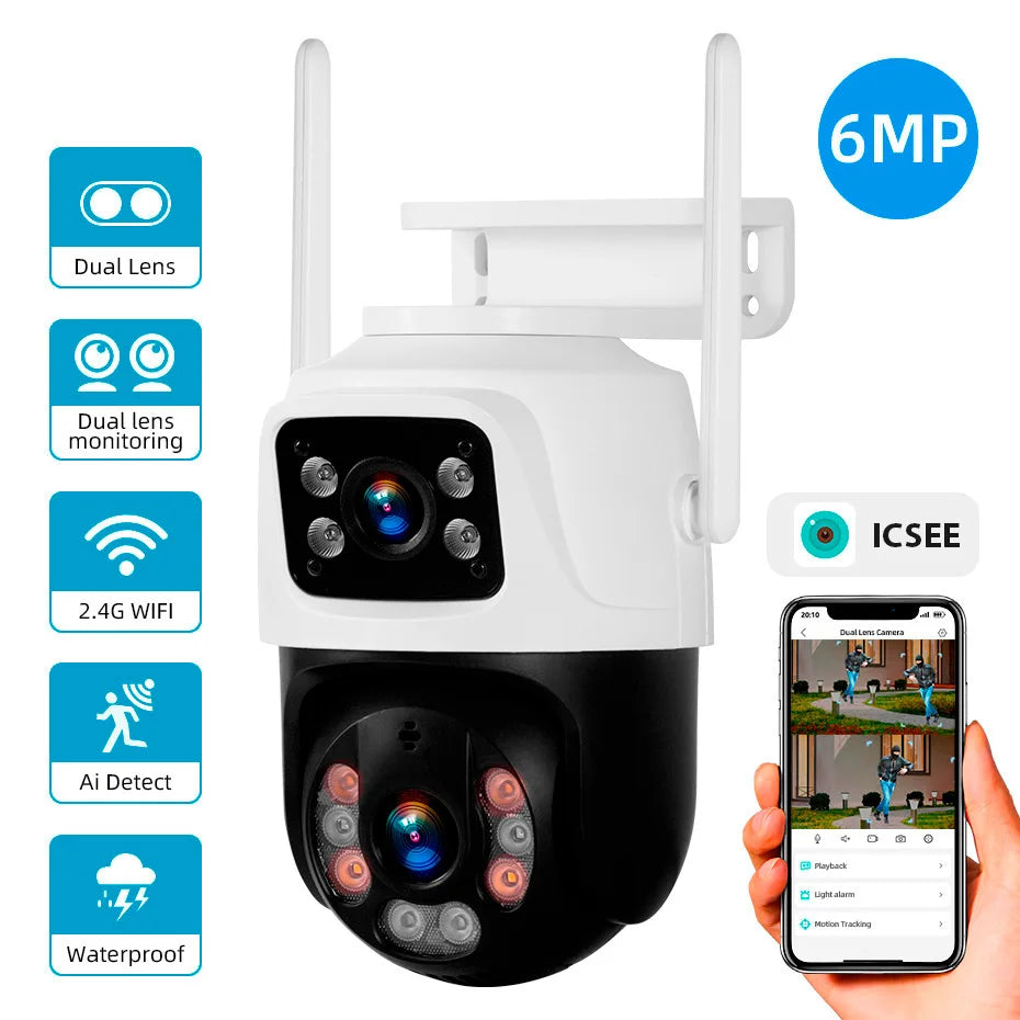 CAMARA WIFI PARA EXTERIOR DOBLE LENTE CON ALARMA 2K ICSEE