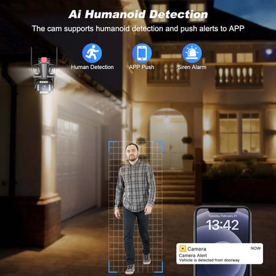 CAMARA WIFI PARA EXTERIOR TRIPLE LENTE 12 MP CON ALARMA Y SIRENA